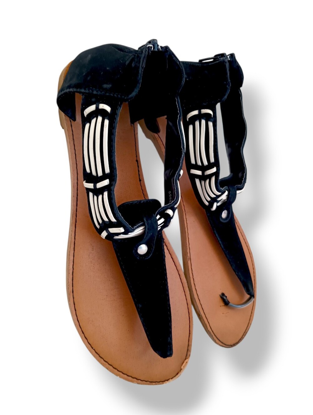 Charlotte Russe Black T-Strap Sandals with Ivory Accents Strapphy Boho Summer